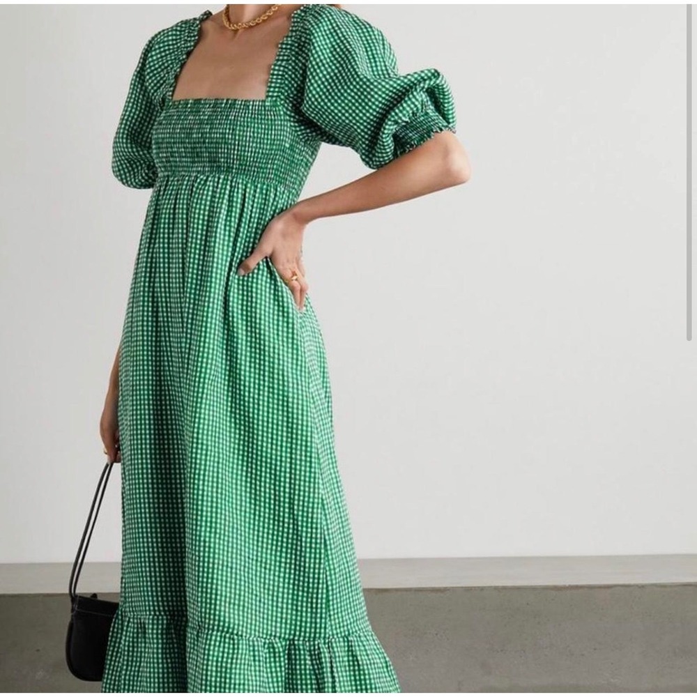 Faithfull The Brand Green Gingham Linen Smocked Midi Dress Puff Sleeve Size 6 M